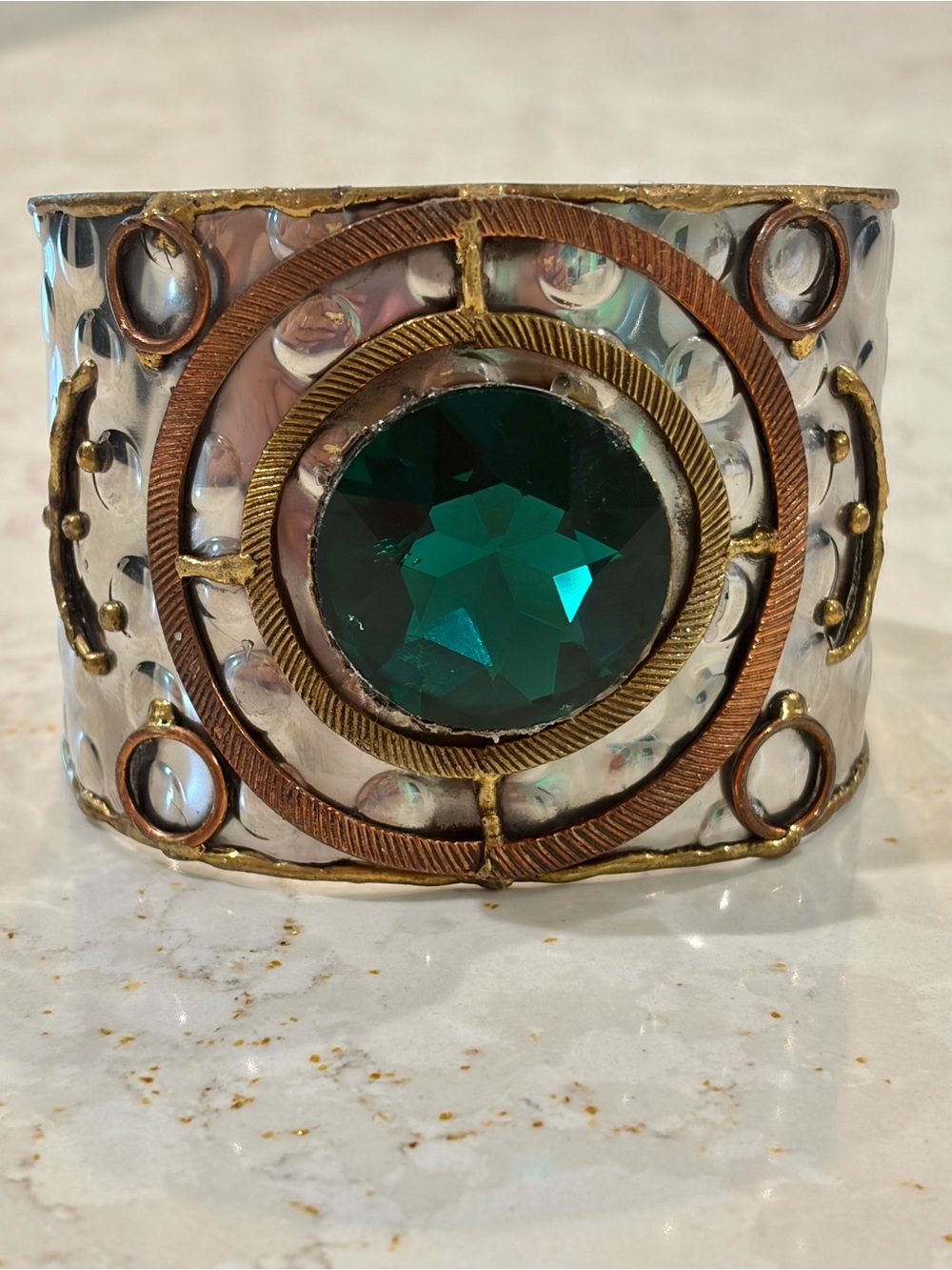 Artisan Mixed Metal Statement Cuff Ringed Medallion Emerald Green Faceted Gem - Picture 2 of 14